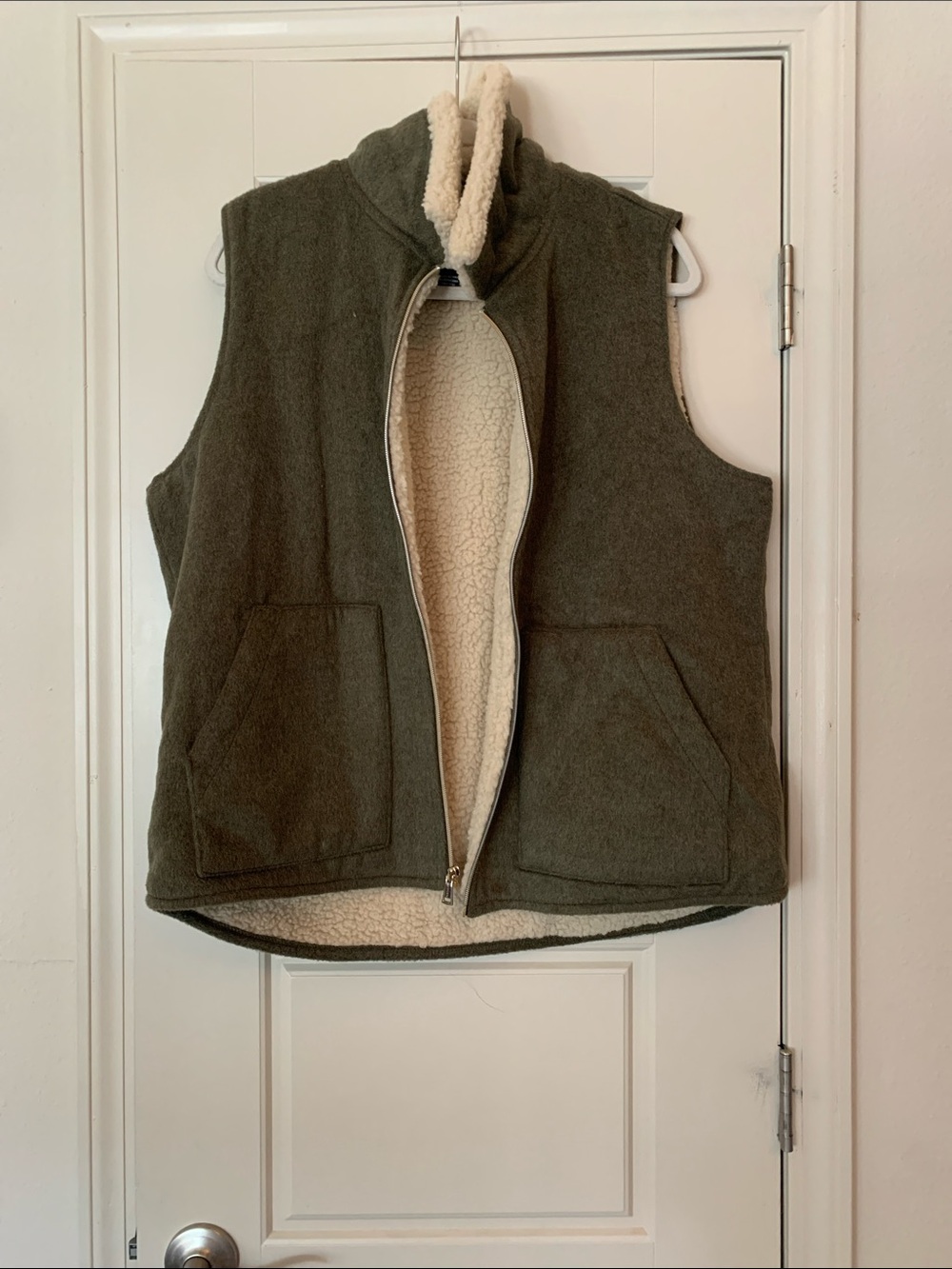 Sanctuary Olive Green Sherpa-Lined Vest with Cream Interior